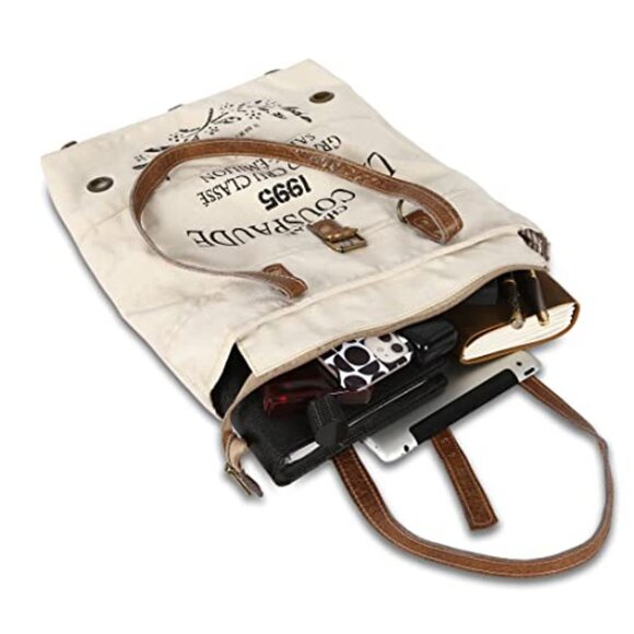 Upcycled Canvas Leather Tote Bag Boho Retro Shoulder Bag Spacious Travel - Picture 4 of 8